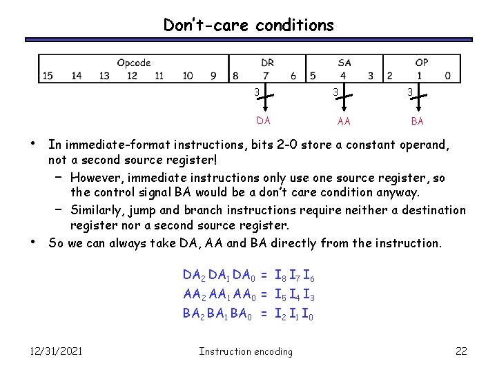 Don’t-care conditions 3 DA • • 3 AA 3 BA In immediate-format instructions, bits