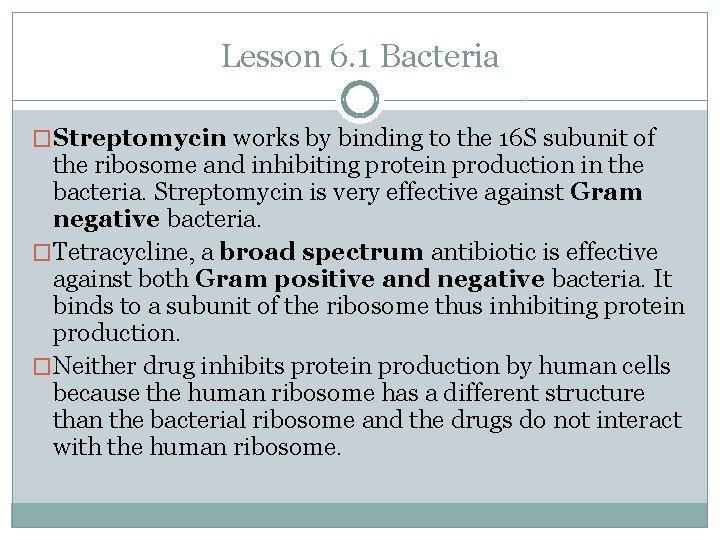 Lesson 6. 1 Bacteria �Streptomycin works by binding to the 16 S subunit of