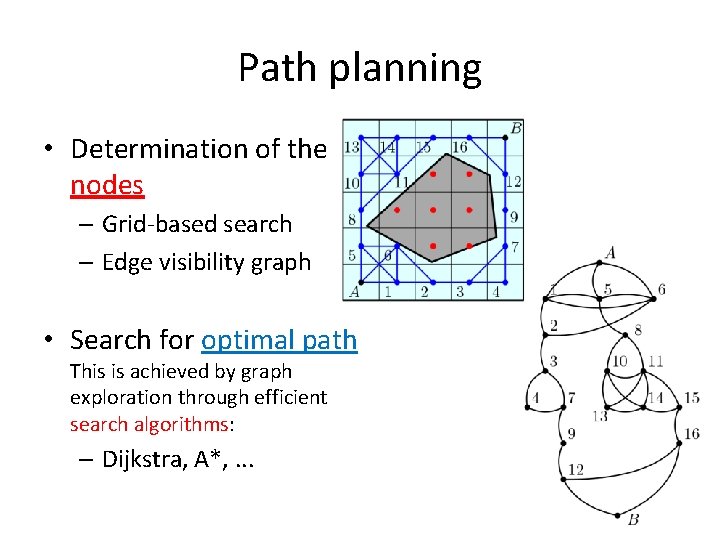 Path planning • Determination of the nodes – Grid-based search – Edge visibility graph