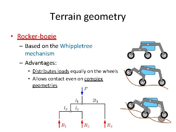 Terrain geometry • Rocker-bogie – Based on the Whippletree mechanism – Advantages: • Distributes
