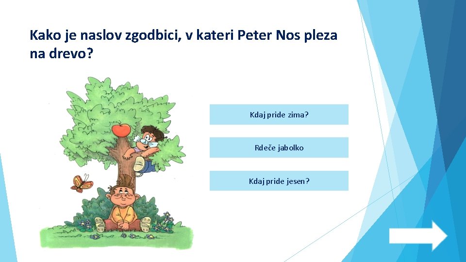 Kako je naslov zgodbici, v kateri Peter Nos pleza na drevo? Kdaj pride zima?