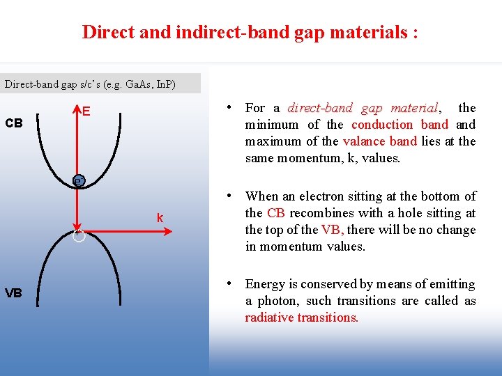 Direct and indirect-band gap materials : Direct-band gap s/c’s (e. g. Ga. As, In.