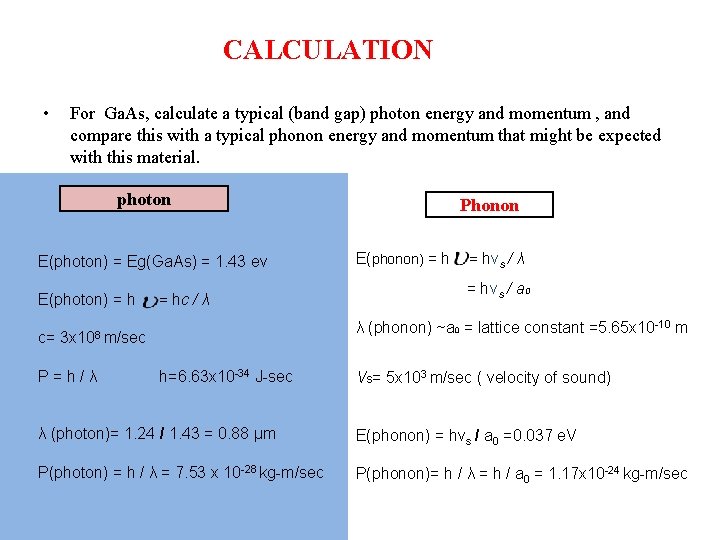 CALCULATION • For Ga. As, calculate a typical (band gap) photon energy and momentum