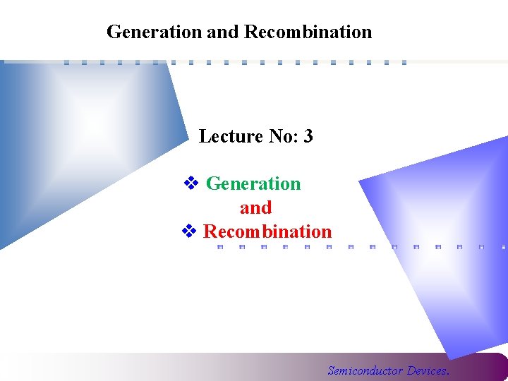 Generation and Recombination Lecture No: 3 v Generation and v Recombination Kwangwoon University Semiconductor