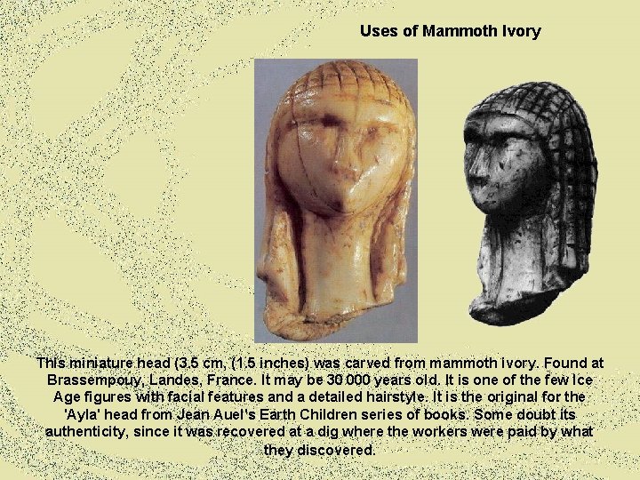 Uses of Mammoth Ivory This miniature head (3. 5 cm, (1. 5 inches) was