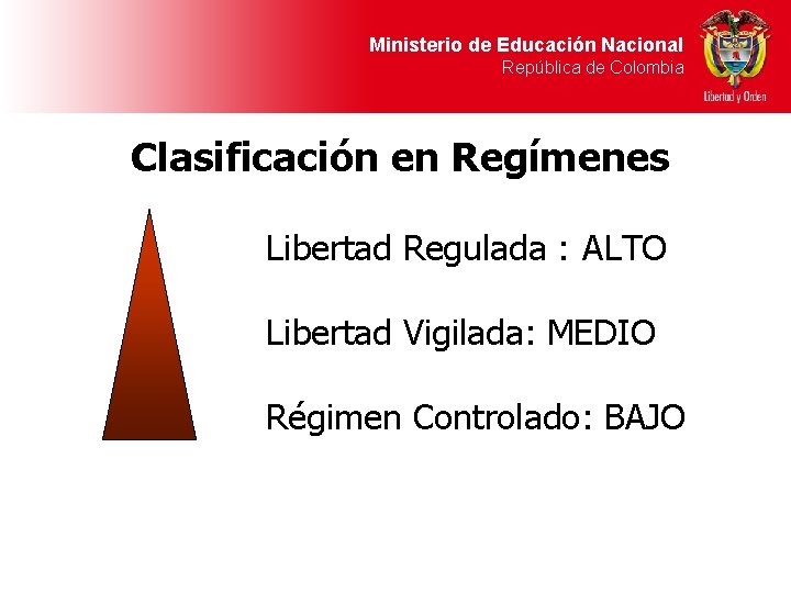 Ministerio de Educación Nacional República de Colombia Clasificación en Regímenes Libertad Regulada : ALTO
