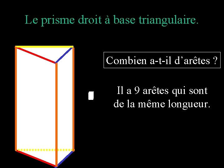 Le prisme droit à base triangulaire. Combien a-t-il d’arêtes ? 123456789 Il a 9 Le prisme droit à base triangulaire. Combien a-t-il d’arêtes ? 123456789 Il a 9