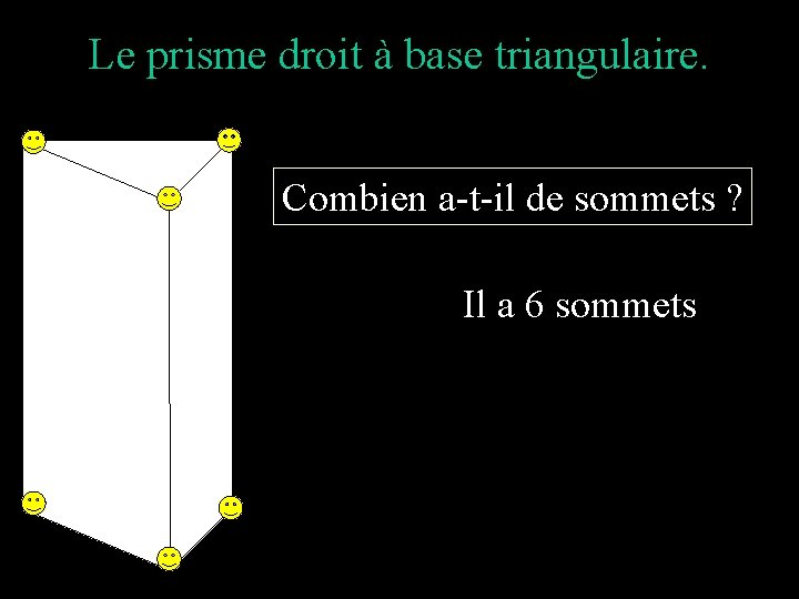 Le prisme droit à base triangulaire. Combien a-t-il de sommets ? Il a 6 Le prisme droit à base triangulaire. Combien a-t-il de sommets ? Il a 6