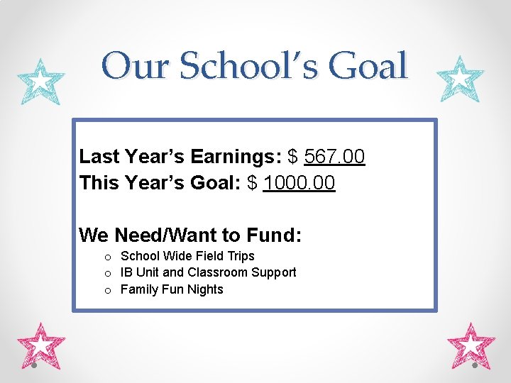 Our School’s Goal Last Year’s Earnings: $ 567. 00 This Year’s Goal: $ 1000.