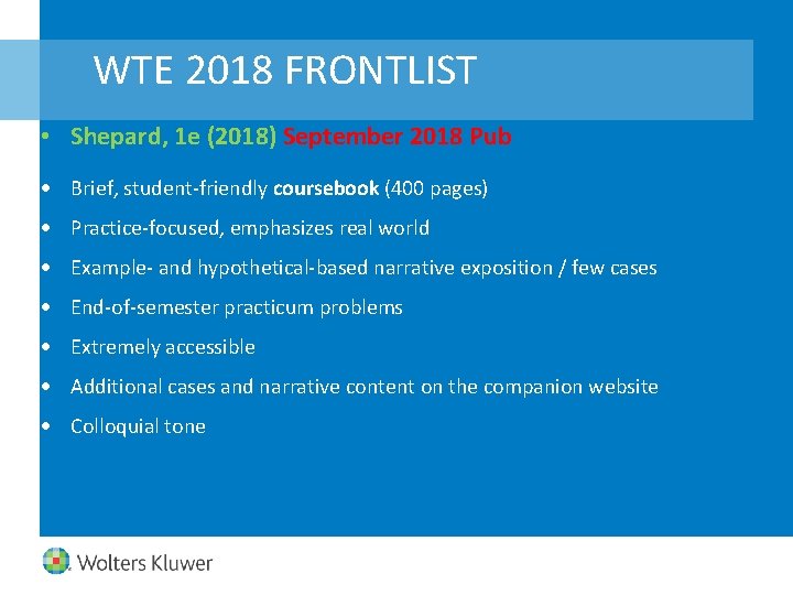 WTE 2018 FRONTLIST • Shepard, 1 e (2018) September 2018 Pub Brief, student-friendly coursebook
