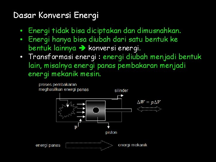 Dasar Konversi Energi • Energi tidak bisa diciptakan dimusnahkan. • Energi hanya bisa diubah