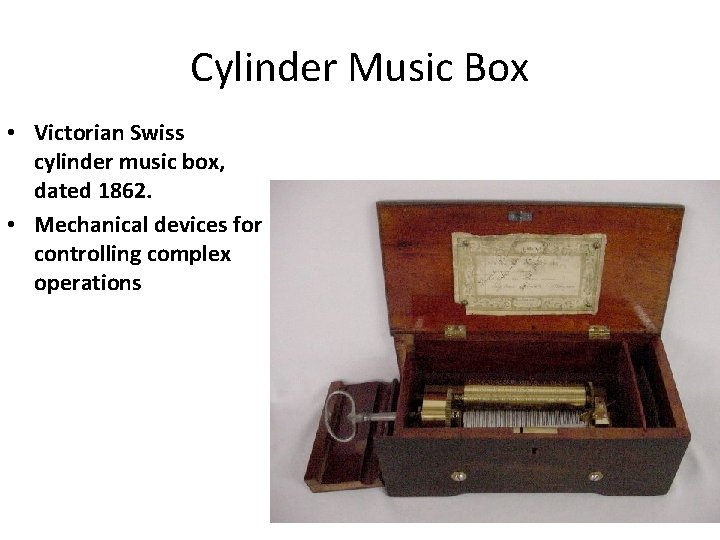Cylinder Music Box • Victorian Swiss cylinder music box, dated 1862. • Mechanical devices