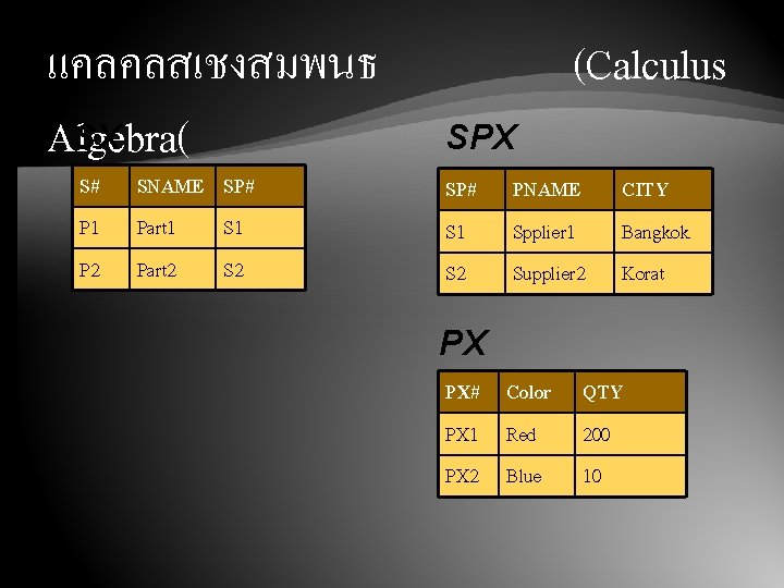 แคลคลสเชงสมพนธ SX Algebra( S# P 1 P 2 SNAME SP# Part 1 S 1