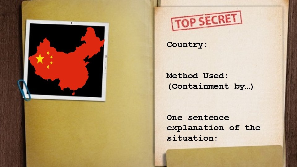 Country: Method Used: (Containment by…) One sentence explanation of the situation: 