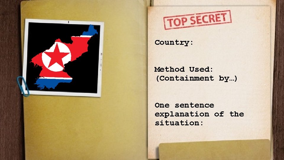 Country: Method Used: (Containment by…) One sentence explanation of the situation: 