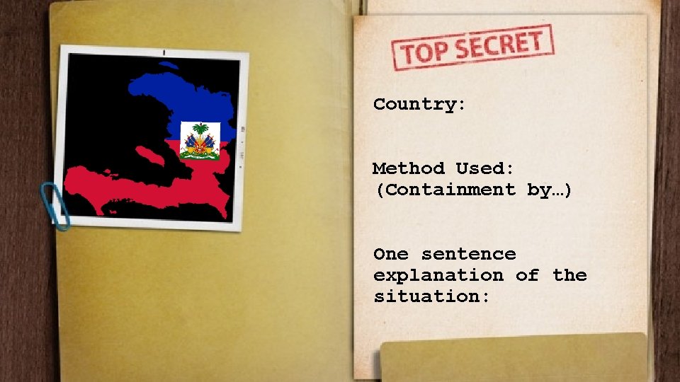 Country: Method Used: (Containment by…) One sentence explanation of the situation: 