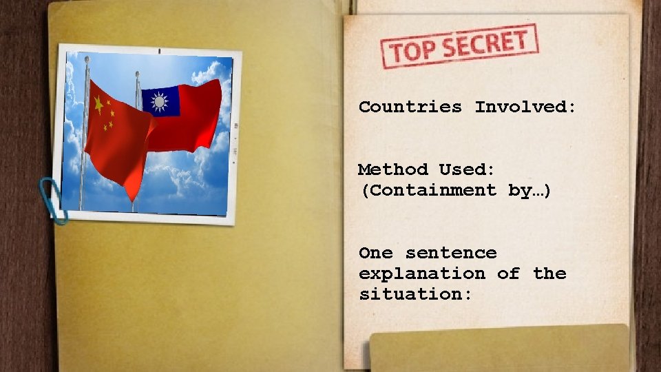 Countries Involved: Method Used: (Containment by…) One sentence explanation of the situation: 