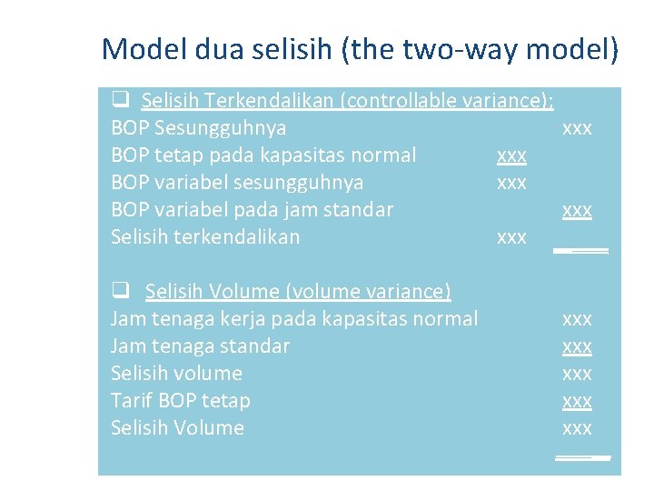 Model dua selisih (the two-way model) q Selisih Terkendalikan (controllable variance); BOP Sesungguhnya xxx