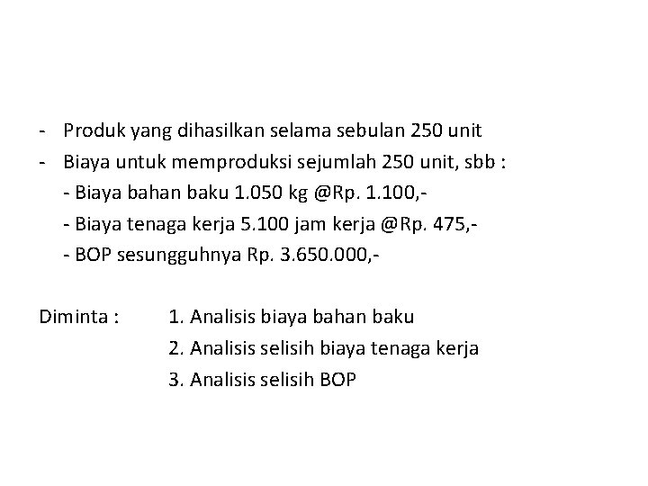 - Produk yang dihasilkan selama sebulan 250 unit - Biaya untuk memproduksi sejumlah 250