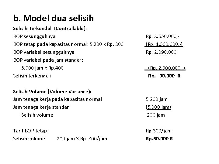 b. Model dua selisih Selisih Terkendali (Controllable): BOP sesungguhnya BOP tetap pada kapasitas normal: