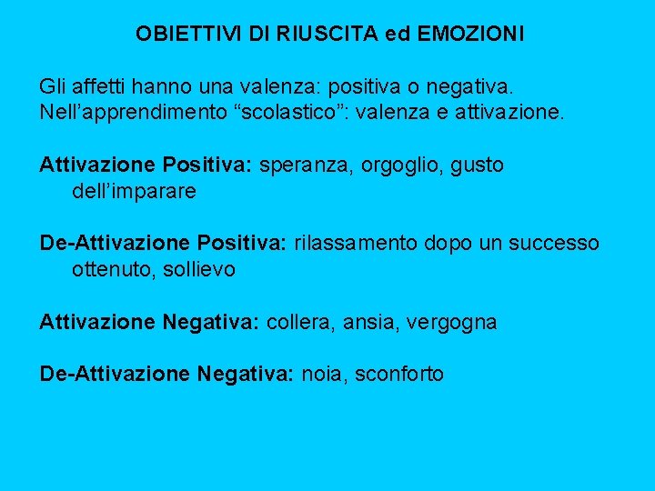 OBIETTIVI DI RIUSCITA ed EMOZIONI Gli affetti hanno una valenza: positiva o negativa. Nell’apprendimento