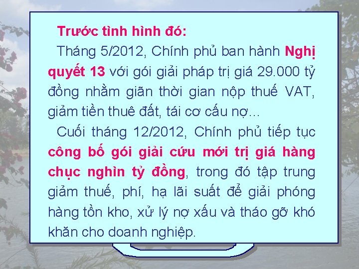 Trước tình hình đó: Tháng 5/2012, Chính phủ ban hành Nghị quyết 13 với