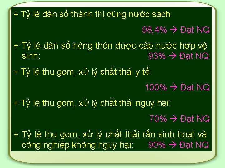 + Tỷ lệ dân số thành thị dùng nước sạch: 98, 4% Đạt NQ