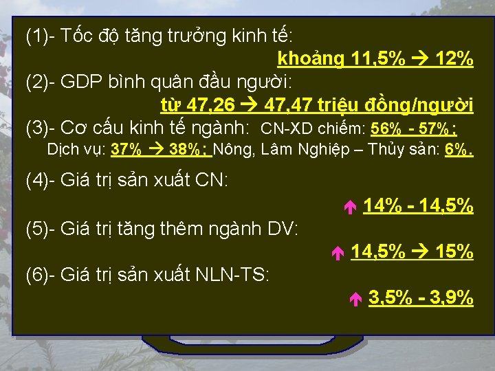 (1)- Tốc độ tăng trưởng kinh tế: khoảng 11, 5% 12% (2)- GDP bình