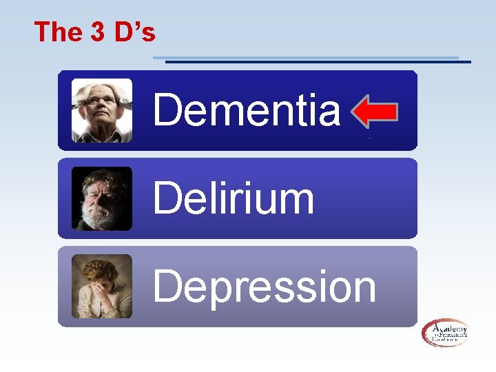 The 3 D’s Dementia Delirium Depression 