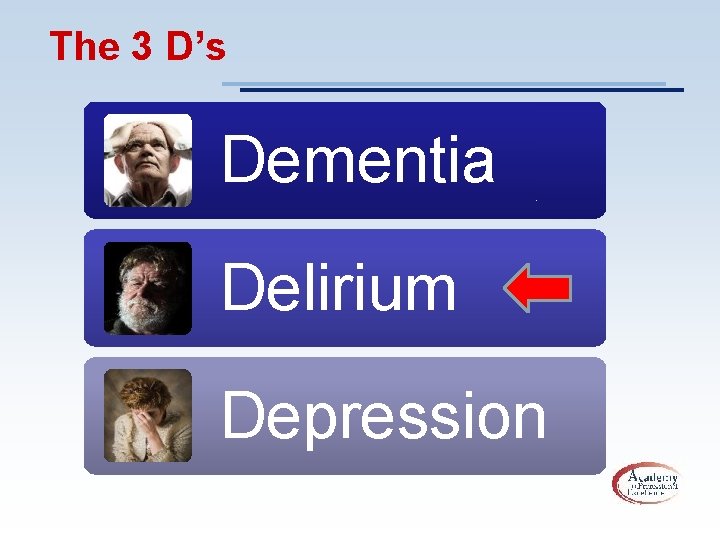 The 3 D’s Dementia Delirium Depression 
