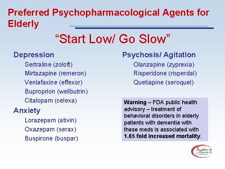 Preferred Psychopharmacological Agents for Elderly “Start Low/ Go Slow” Depression Sertraline (zoloft) Mirtazapine (remeron)