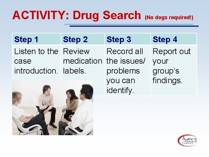 ACTIVITY: Drug Search (No dogs required!) Step 1 Listen to the case introduction. Step