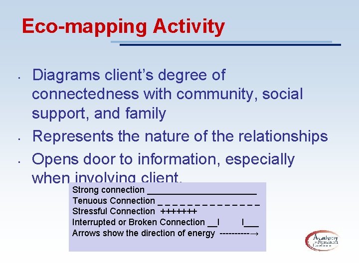 Eco-mapping Activity • • • Diagrams client’s degree of connectedness with community, social support,