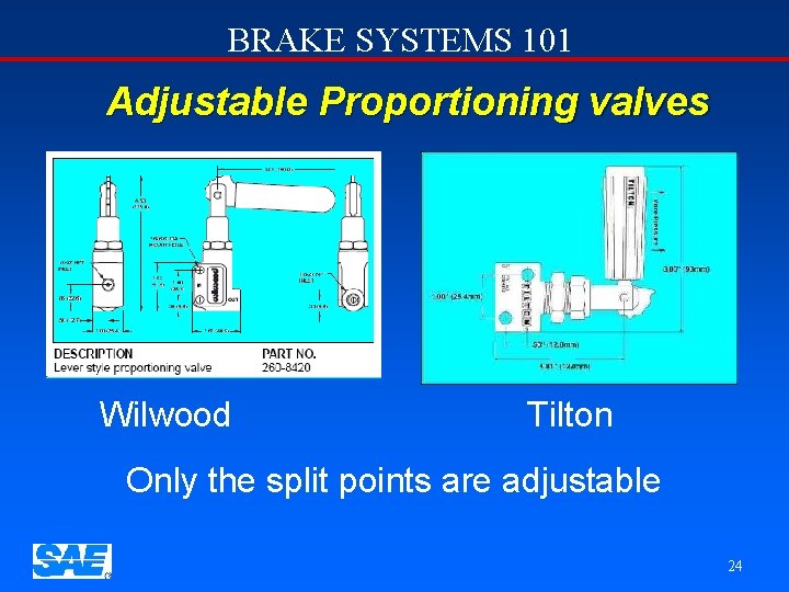BRAKE SYSTEMS 101 Adjustable Proportioning valves Wilwood Tilton Only the split points are adjustable