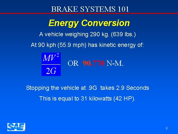 BRAKE SYSTEMS 101 Energy Conversion A vehicle weighing 290 kg. (639 lbs. ) At