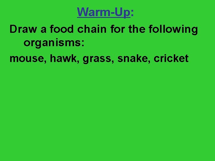Warm-Up: Draw a food chain for the following organisms: mouse, hawk, grass, snake, cricket