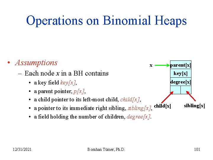 Operations on Binomial Heaps • Assumptions x – Each node x in a BH