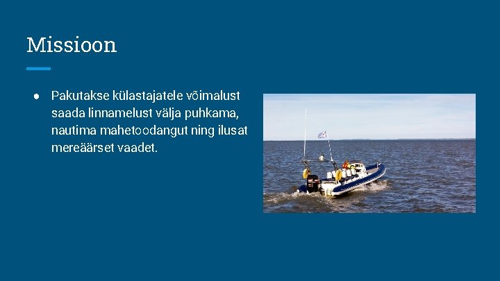 Missioon ● Pakutakse külastajatele võimalust saada linnamelust välja puhkama, nautima mahetoodangut ning ilusat mereäärset