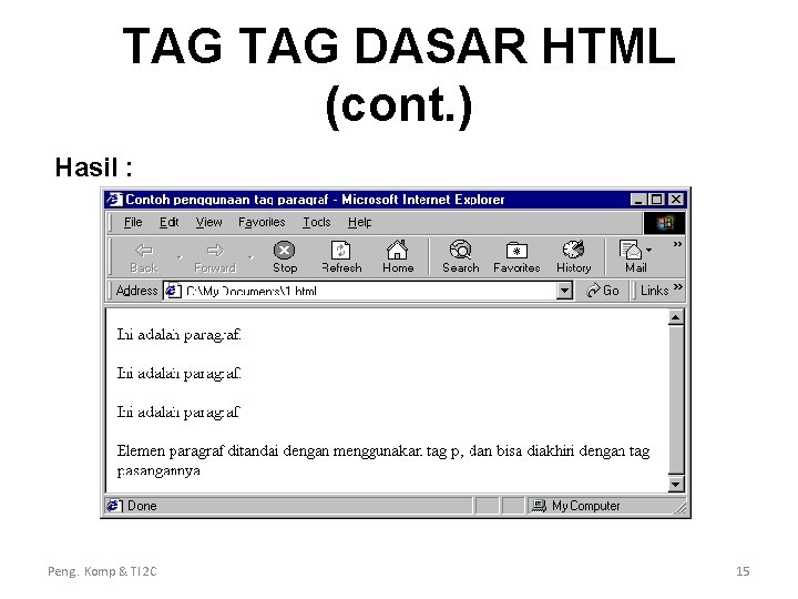 TAG DASAR HTML (cont. ) Hasil : Peng. Komp & TI 2 C 15