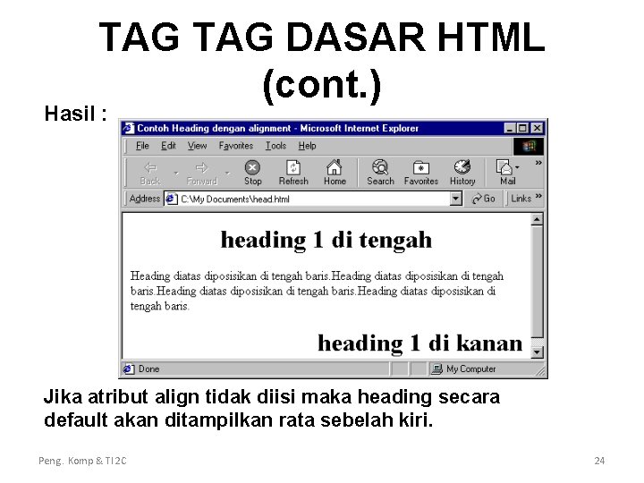 TAG DASAR HTML (cont. ) Hasil : Jika atribut align tidak diisi maka heading