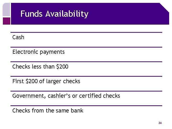 Funds Availability Cash Electronic payments Checks less than $200 First $200 of larger checks