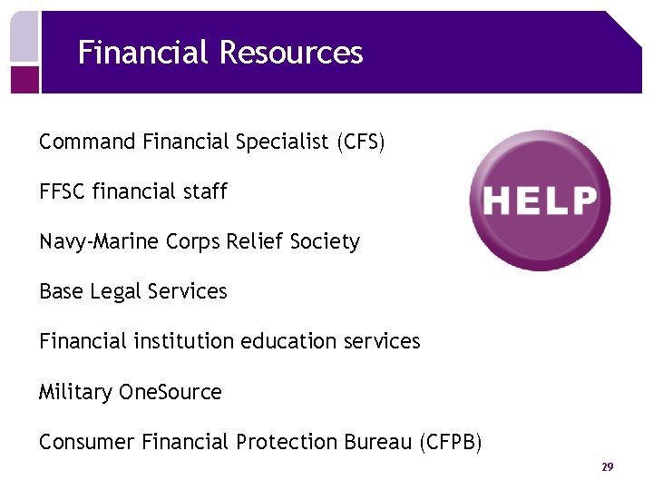 Financial Resources Command Financial Specialist (CFS) FFSC financial staff Navy-Marine Corps Relief Society Base