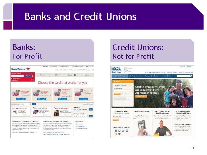 Banks and Credit Unions Banks: For Profit Credit Unions: Not for Profit 4 