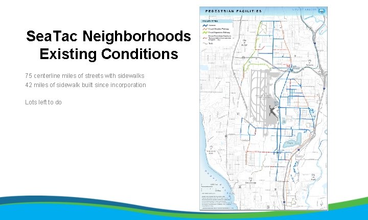 Sea. Tac Neighborhoods Existing Conditions 75 centerline miles of streets with sidewalks 42 miles