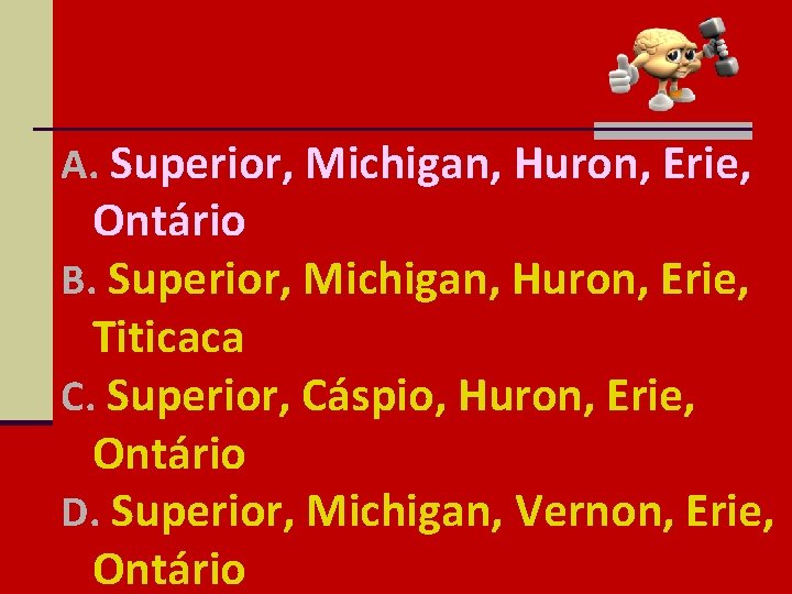 A. Superior, Michigan, Huron, Erie, Ontário B. Superior, Michigan, Huron, Erie, Titicaca C. Superior,