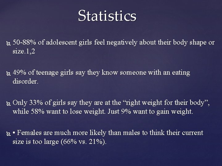 Statistics 50 -88% of adolescent girls feel negatively about their body shape or size.