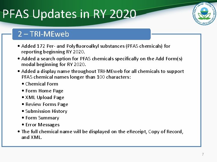 PFAS Updates in RY 2020 2 – TRI-MEweb • Added 172 Per- and Polyfluoroalkyl