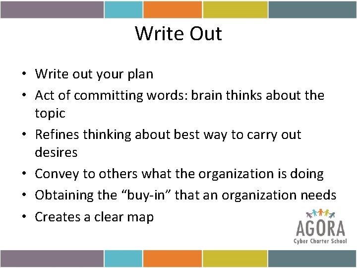 Write Out • Write out your plan • Act of committing words: brain thinks
