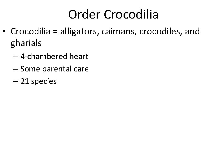 Order Crocodilia • Crocodilia = alligators, caimans, crocodiles, and gharials – 4 -chambered heart