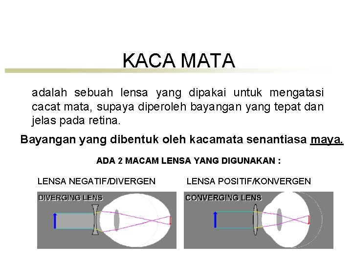 KACA MATA adalah sebuah lensa yang dipakai untuk mengatasi cacat mata, supaya diperoleh bayangan